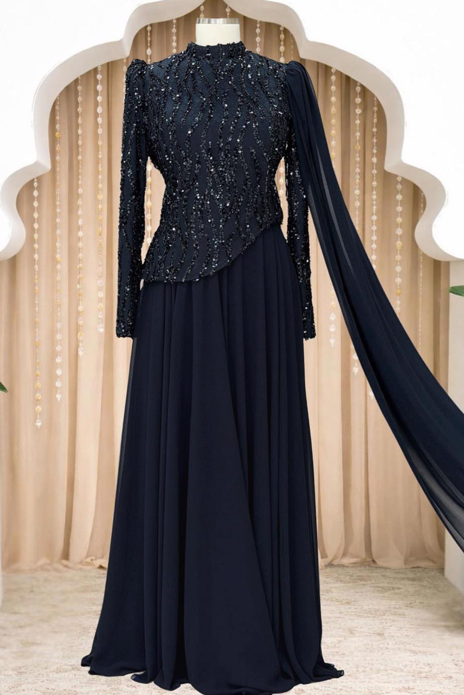 Tesettür giyim LACİVERT PELERİNLİ ABİYE ELBİSE T 0763