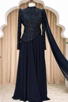 Tesettür giyim LACİVERT PELERİNLİ ABİYE ELBİSE T 0763