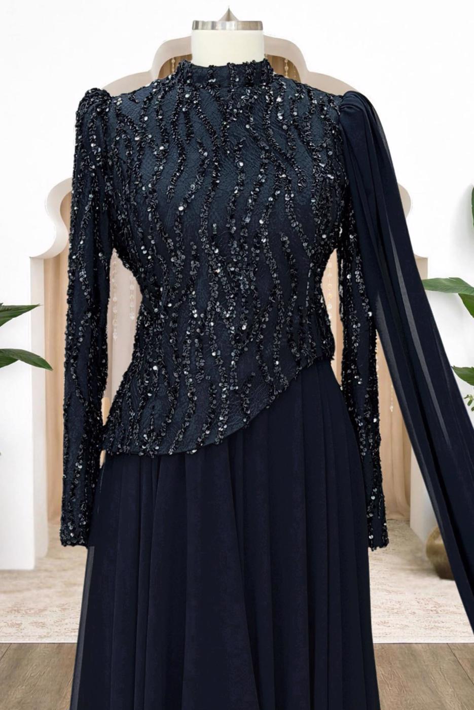 Tesettür giyim LACİVERT PELERİNLİ ABİYE ELBİSE T 0763