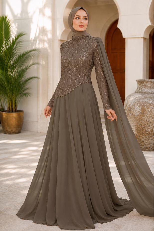 Hijab clothing MINK CAPE DETAILED EVENING DRESS T 0763 - TRENDTESETTÜR