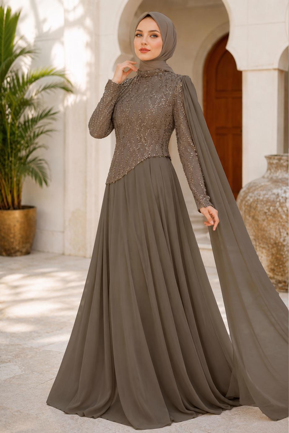 Hijab clothing MINK CAPE DETAILED EVENING DRESS T 0763