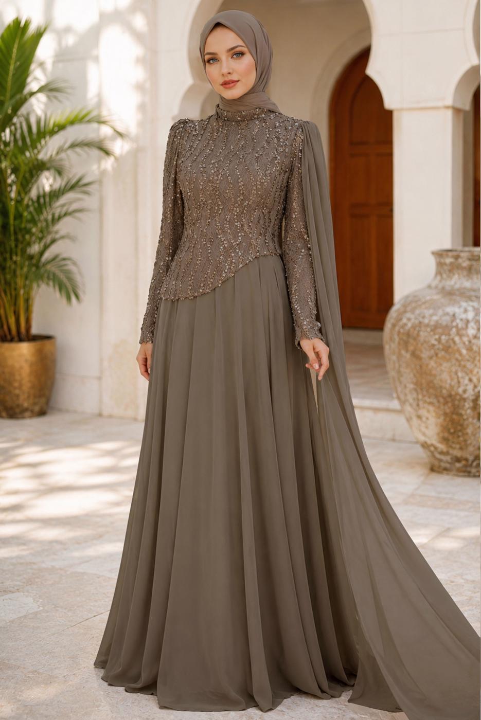 Hijab clothing MINK CAPE DETAILED EVENING DRESS T 0763