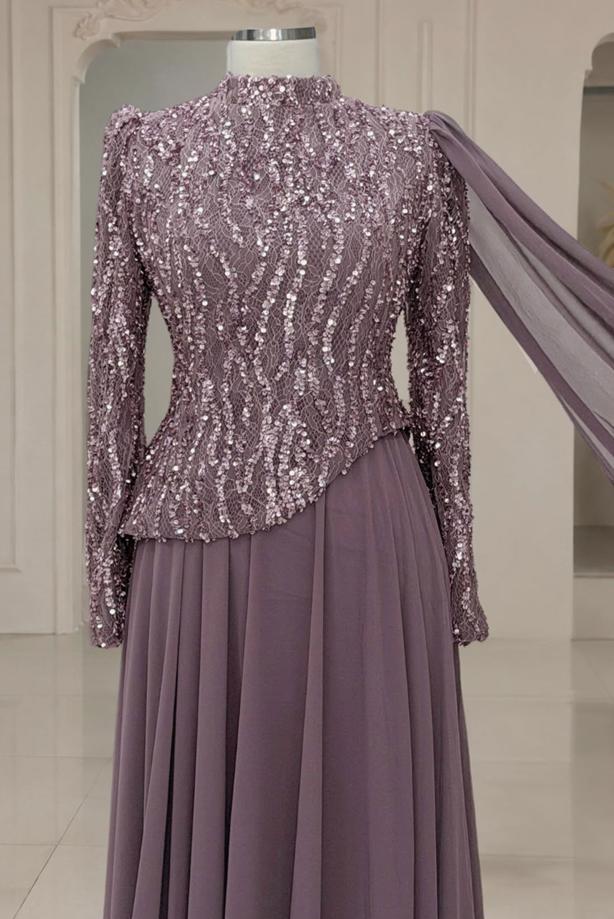 Vêtements hijab POURPRE ROBE DE SOIRÉE DÉTAILLÉE CAPE T 0763 - TRENDTESETTÜR