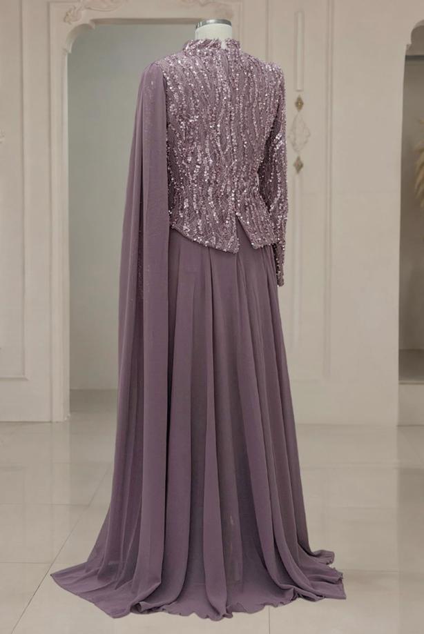 Vêtements hijab POURPRE ROBE DE SOIRÉE DÉTAILLÉE CAPE T 0763 - TRENDTESETTÜR