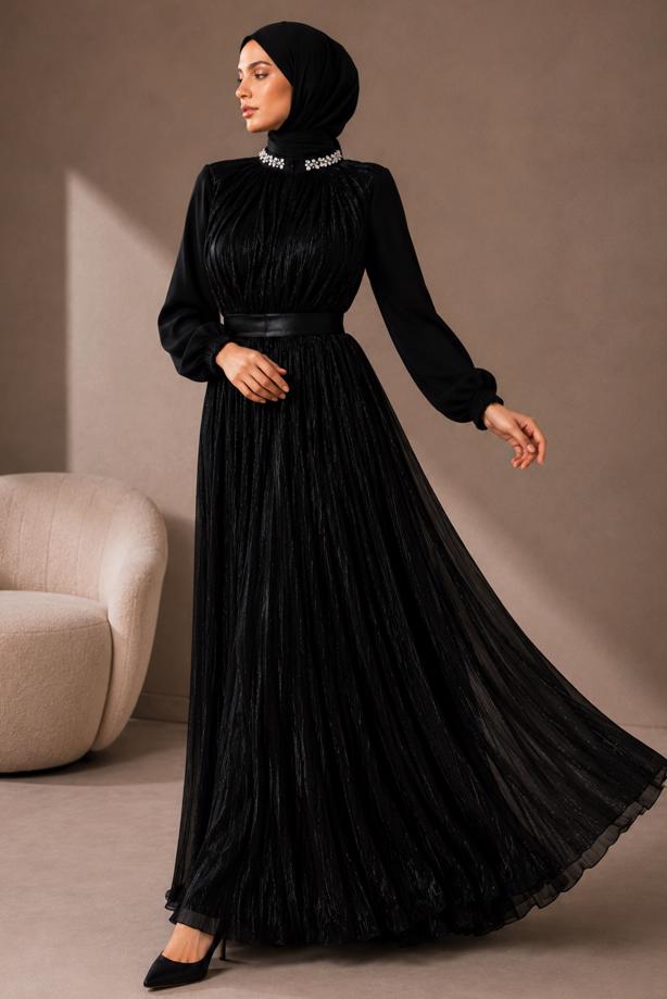 Tesettür giyim SİYAH KUŞAKLI TAŞ İŞLEMELİ ABİYE ELBİSE T 10071 - TRENDTESETTÜR