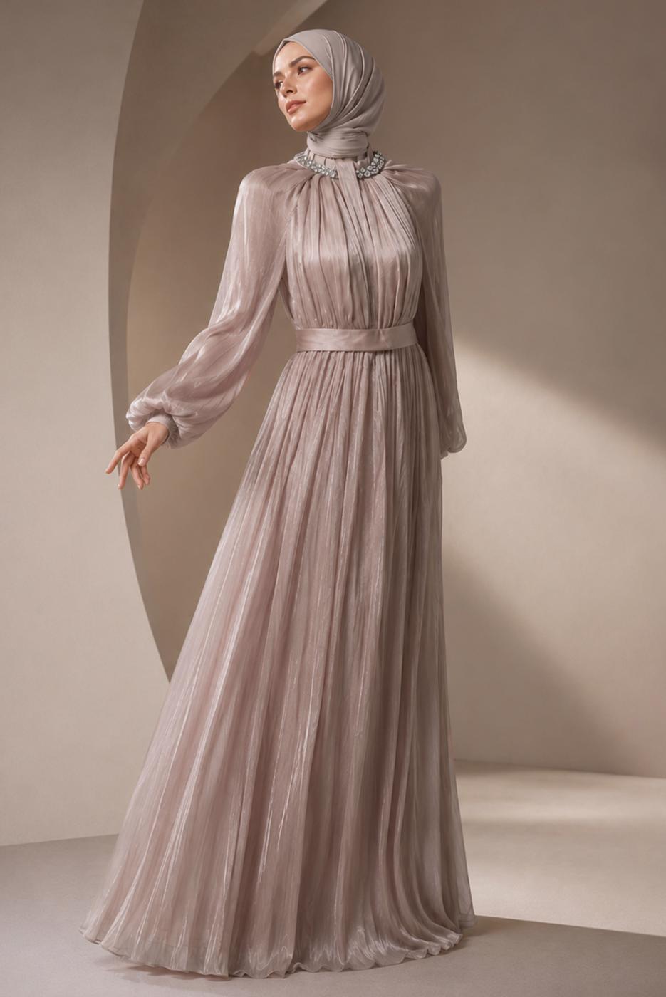 Vêtements hijab POUDRE ROBE DE SOIRÉE CEINTURÉE T 10071