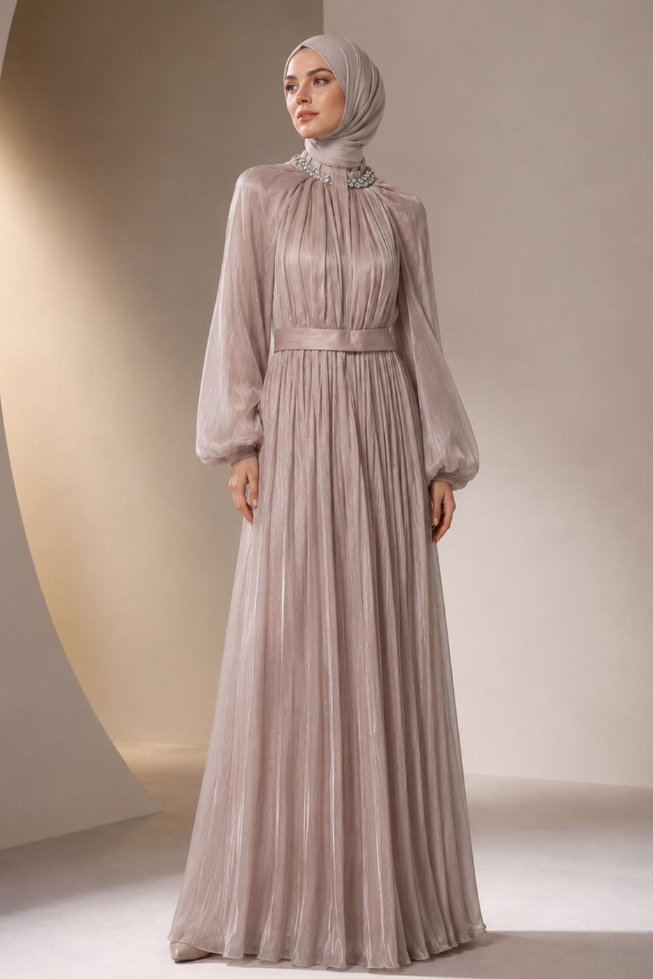 Vêtements hijab POUDRE ROBE DE SOIRÉE CEINTURÉE T 10071