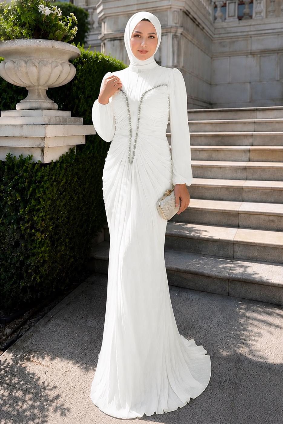 Hijab clothing WHITE GEM EMBROIDERED EVENING DRESS T 1025