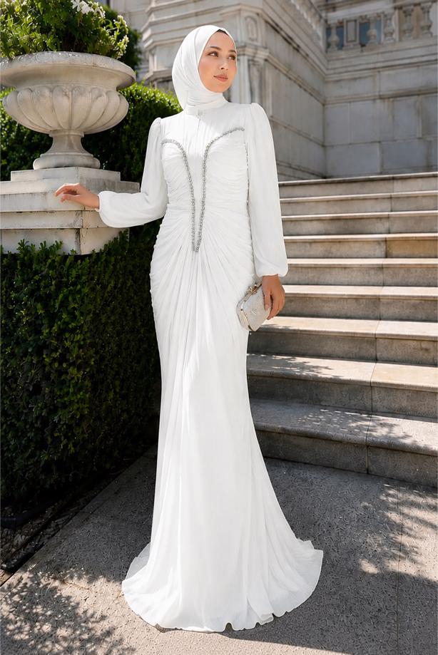 Hijab clothing WHITE GEM EMBROIDERED EVENING DRESS T 1025 - TRENDTESETTÜR