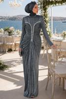Tesettür giyim GRİ DRAPELİ TAŞ İŞLEMELİ ABİYE ELBİSE T 1025