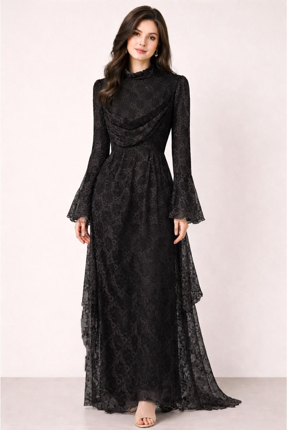 Tesettür giyim SİYAH DANTELLİ ABİYE ELBİSE T 1326