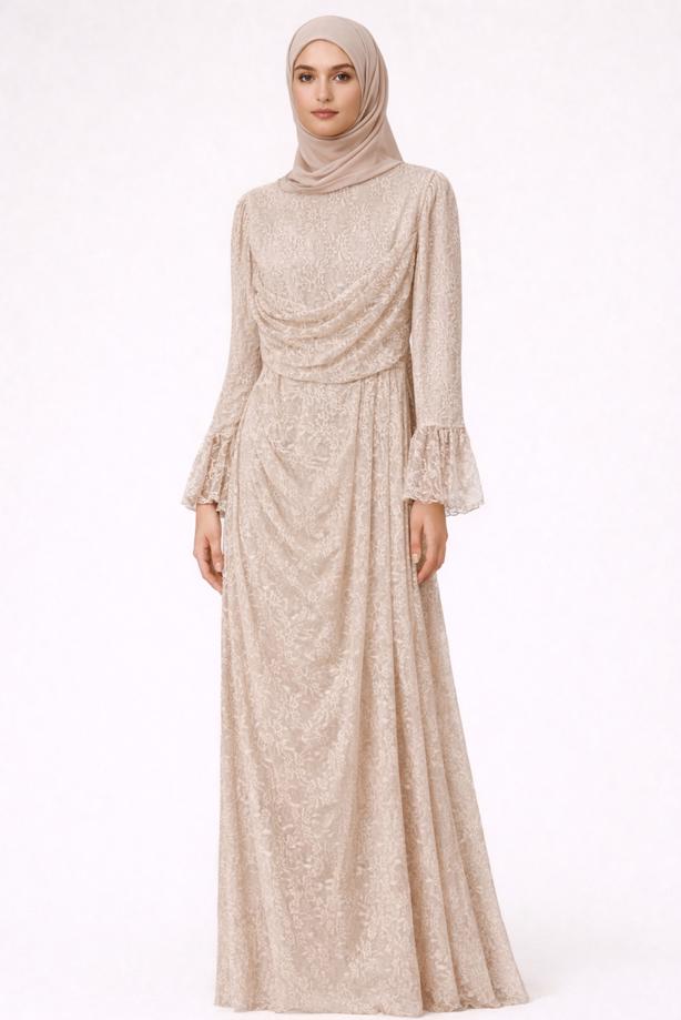Tesettür giyim BEJ DANTELLİ ABİYE ELBİSE T 1326 - TRENDTESETTÜR
