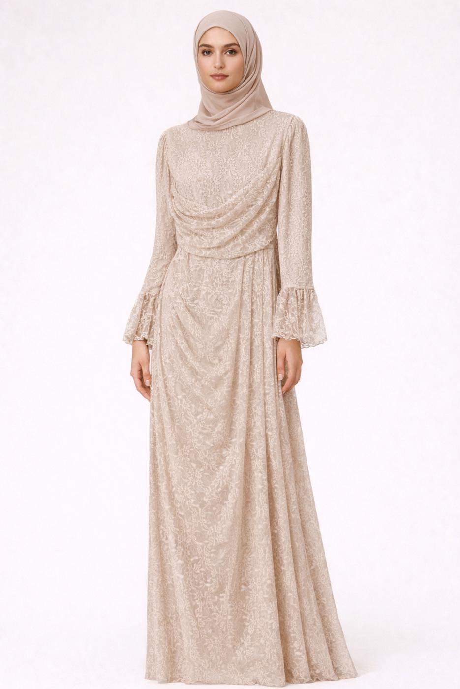 Tesettür giyim BEJ DANTELLİ ABİYE ELBİSE T 1326
