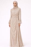 Tesettür giyim BEJ DANTELLİ ABİYE ELBİSE T 1326