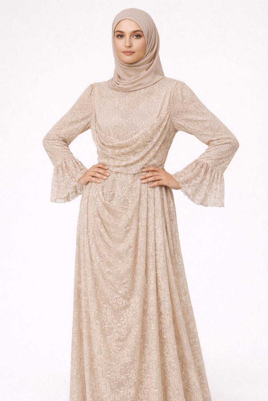 Tesettür giyim BEJ DANTELLİ ABİYE ELBİSE T 1326