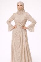 Tesettür giyim BEJ DANTELLİ ABİYE ELBİSE T 1326