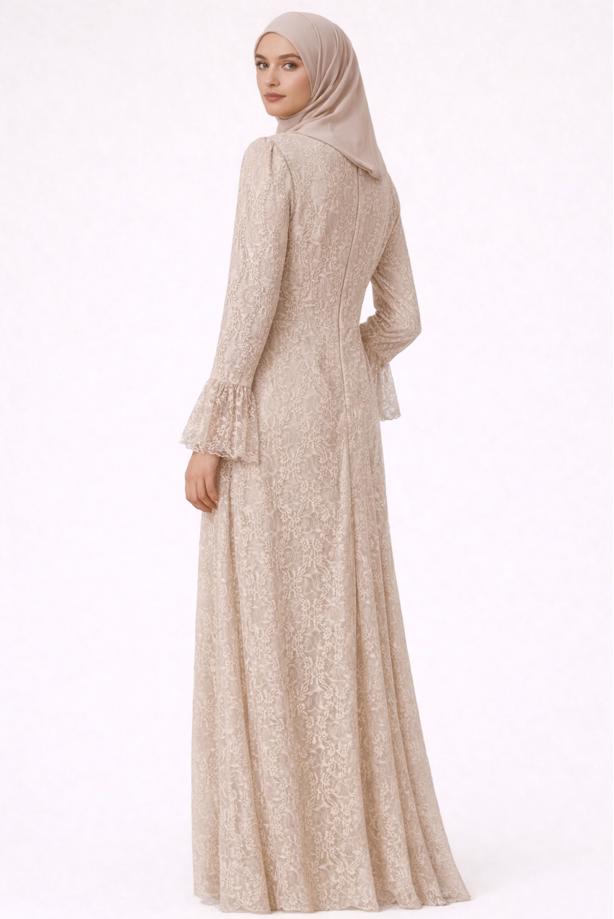 Tesettür giyim BEJ DANTELLİ ABİYE ELBİSE T 1326 - TRENDTESETTÜR