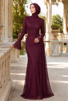 Tesettür giyim BORDO DANTELLİ ABİYE ELBİSE T 1326