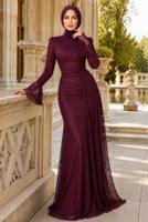 Tesettür giyim BORDO DANTELLİ ABİYE ELBİSE T 1326