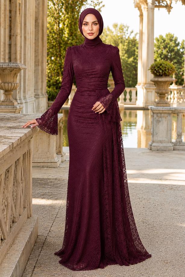 Tesettür giyim BORDO DANTELLİ ABİYE ELBİSE T 1326 - TRENDTESETTÜR