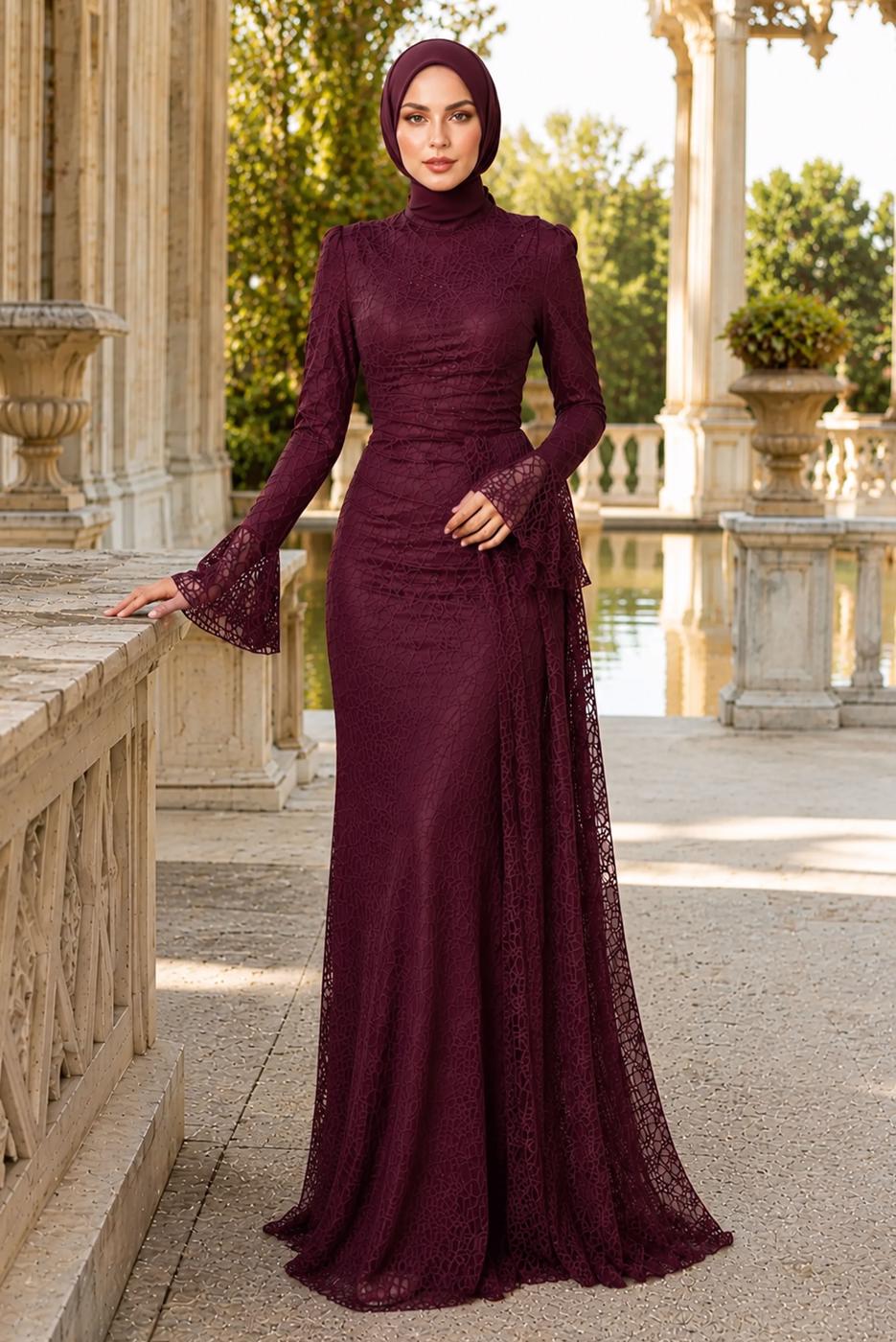 Tesettür giyim BORDO DANTELLİ ABİYE ELBİSE T 1326