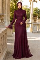 Tesettür giyim BORDO DANTELLİ ABİYE ELBİSE T 1326