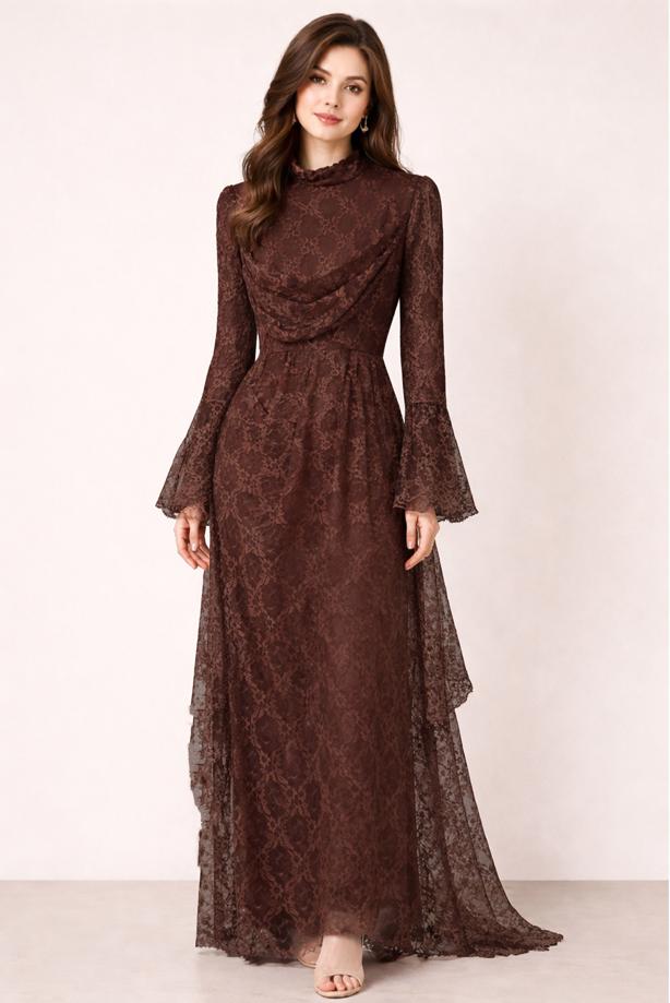 Tesettür giyim KAHVE DANTELLİ ABİYE ELBİSE T 1326 - TRENDTESETTÜR