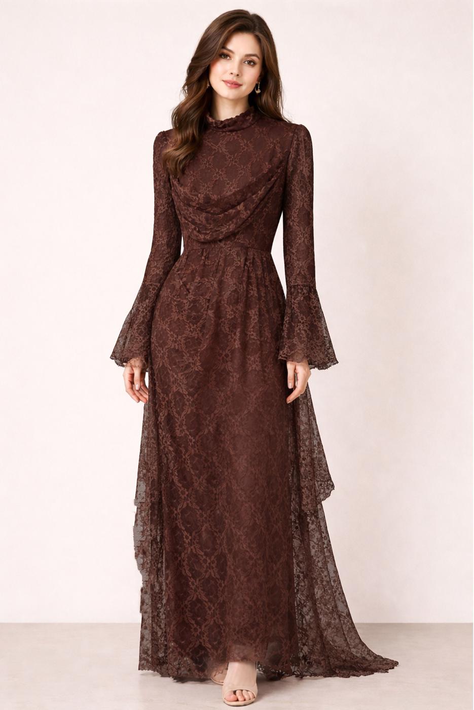 Tesettür giyim KAHVE DANTELLİ ABİYE ELBİSE T 1326