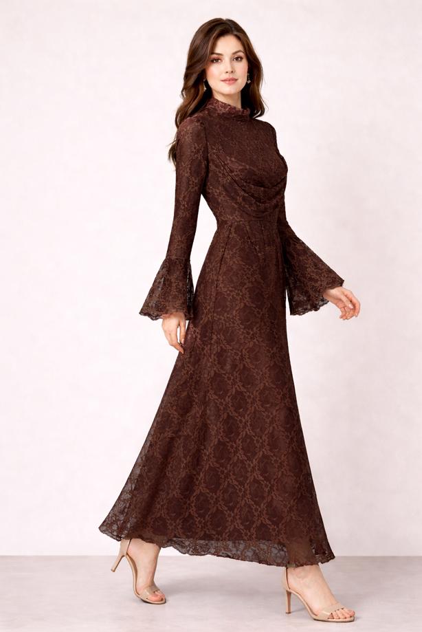 Tesettür giyim KAHVE DANTELLİ ABİYE ELBİSE T 1326 - TRENDTESETTÜR