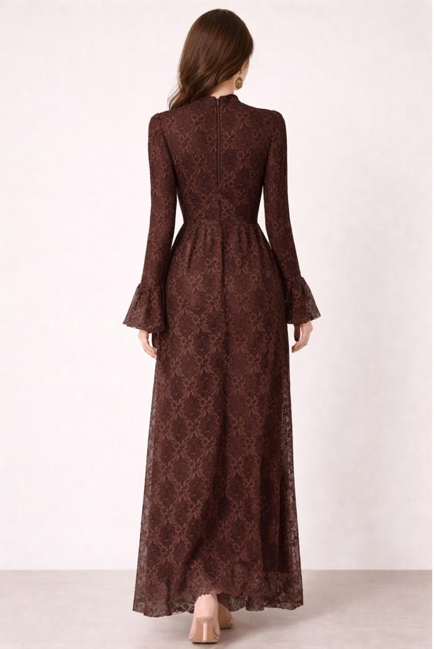 Tesettür giyim KAHVE DANTELLİ ABİYE ELBİSE T 1326 - TRENDTESETTÜR