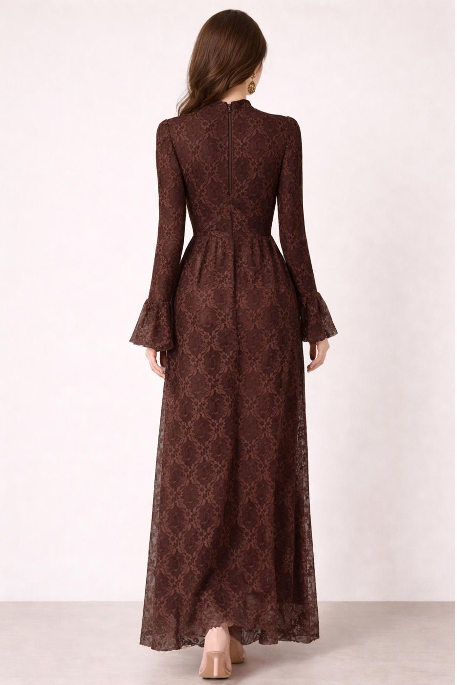 Tesettür giyim KAHVE DANTELLİ ABİYE ELBİSE T 1326