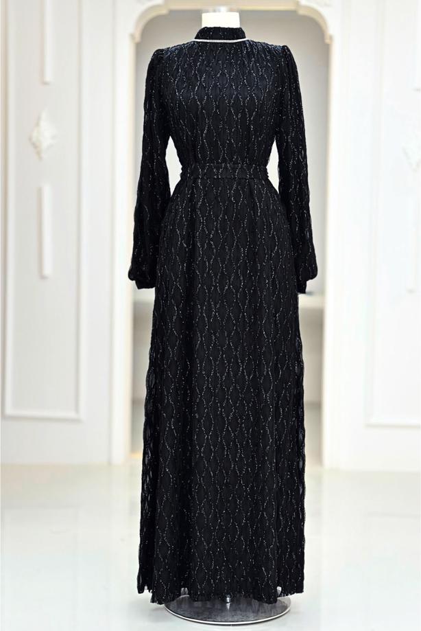 Tesettür giyim SİYAH KUŞAKLI ABİYE ELBİSE T 1463 - TRENDTESETTÜR