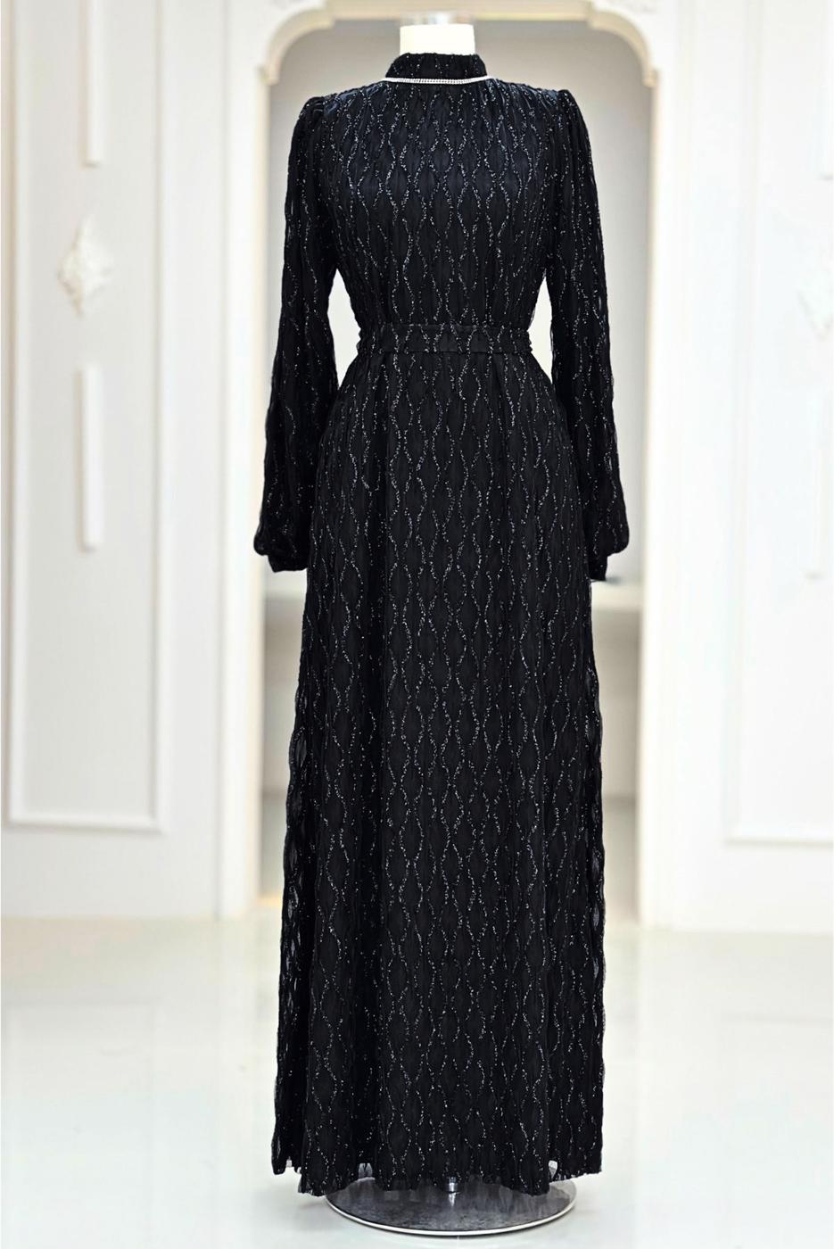 Tesettür giyim SİYAH KUŞAKLI ABİYE ELBİSE T 1463