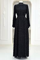 Tesettür giyim SİYAH KUŞAKLI ABİYE ELBİSE T 1463