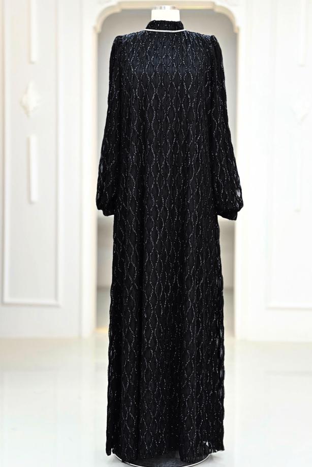 Tesettür giyim SİYAH KUŞAKLI ABİYE ELBİSE T 1463 - TRENDTESETTÜR