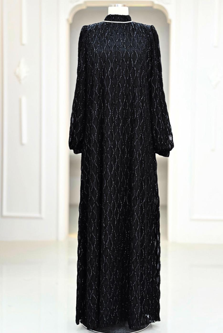 Tesettür giyim SİYAH KUŞAKLI ABİYE ELBİSE T 1463