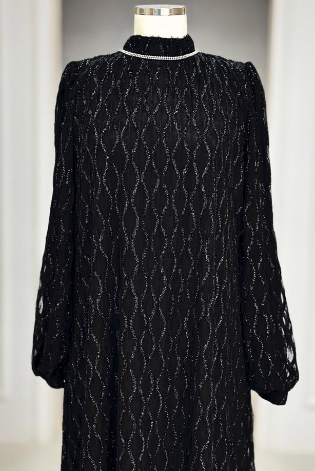 Tesettür giyim SİYAH KUŞAKLI ABİYE ELBİSE T 1463 - TRENDTESETTÜR