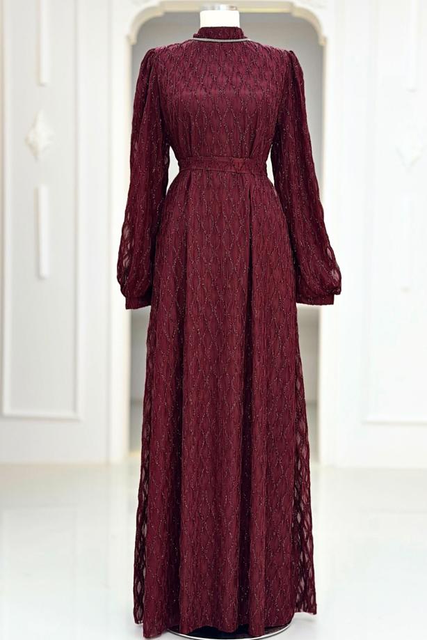 Hijab clothing CLARET RED BELTED EVENING DRESS T 1463 - TRENDTESETTÜR