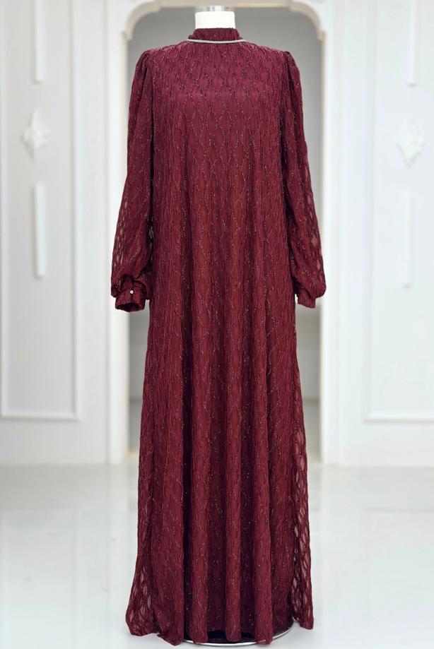 Hijab clothing CLARET RED BELTED EVENING DRESS T 1463 - TRENDTESETTÜR