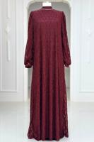 Hijab clothing CLARET RED BELTED EVENING DRESS T 1463