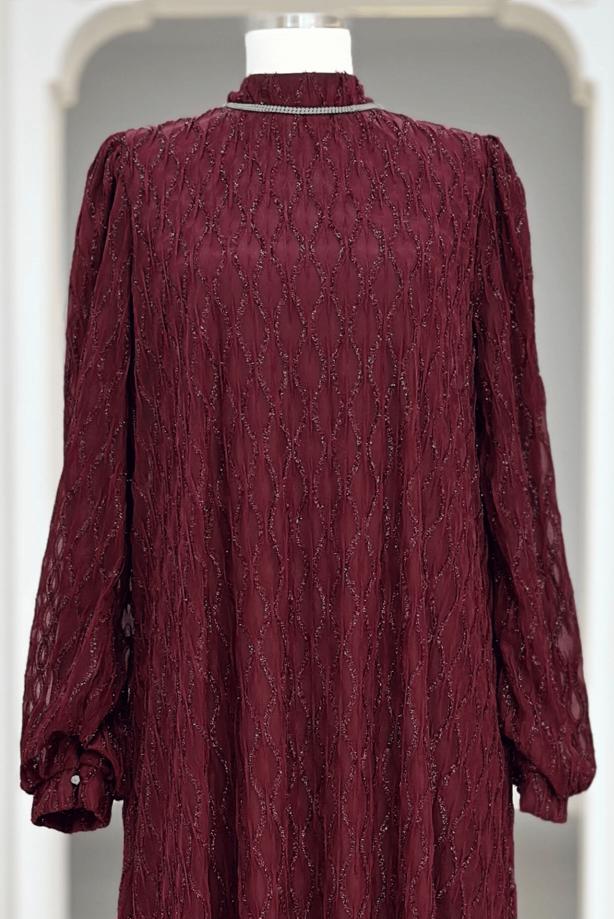 Hijab clothing CLARET RED BELTED EVENING DRESS T 1463 - TRENDTESETTÜR