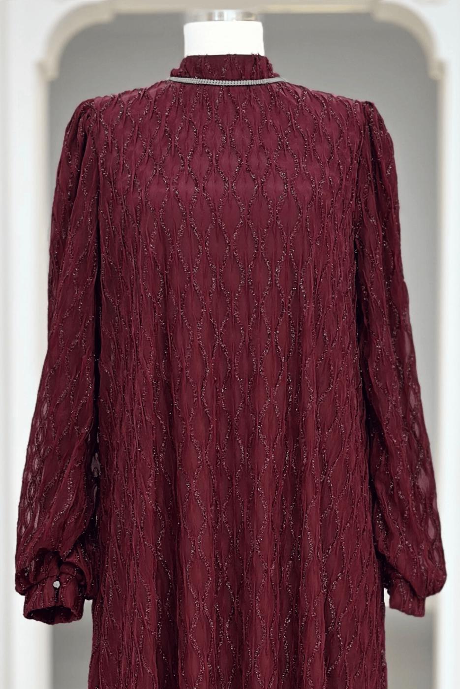 Hijab clothing CLARET RED BELTED EVENING DRESS T 1463