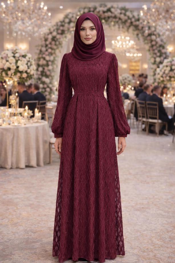Tesettür giyim BORDO KUŞAKLI ABİYE ELBİSE T 1463 - TRENDTESETTÜR