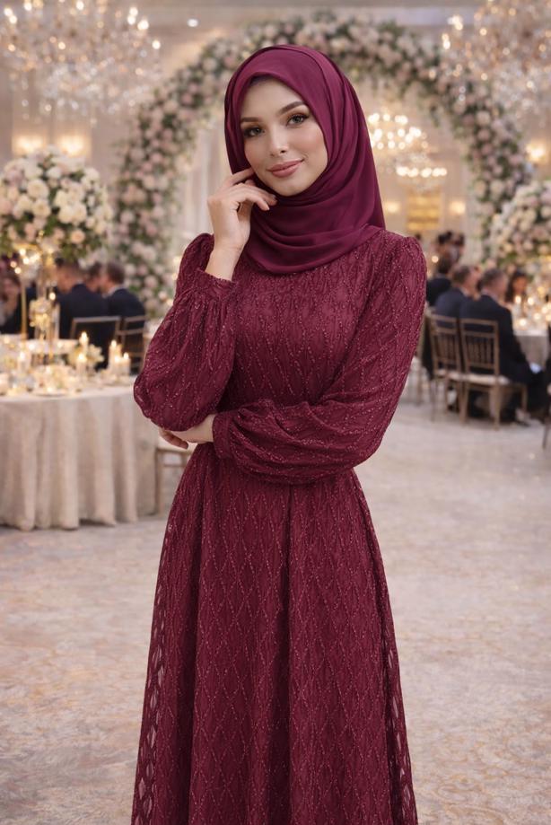 Tesettür giyim BORDO KUŞAKLI ABİYE ELBİSE T 1463 - TRENDTESETTÜR
