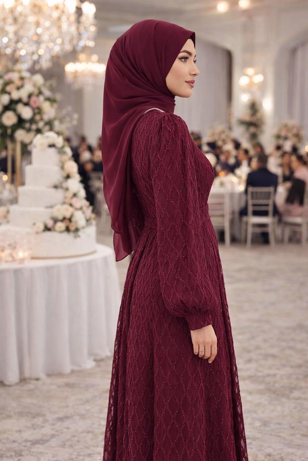 Tesettür giyim BORDO KUŞAKLI ABİYE ELBİSE T 1463 - TRENDTESETTÜR