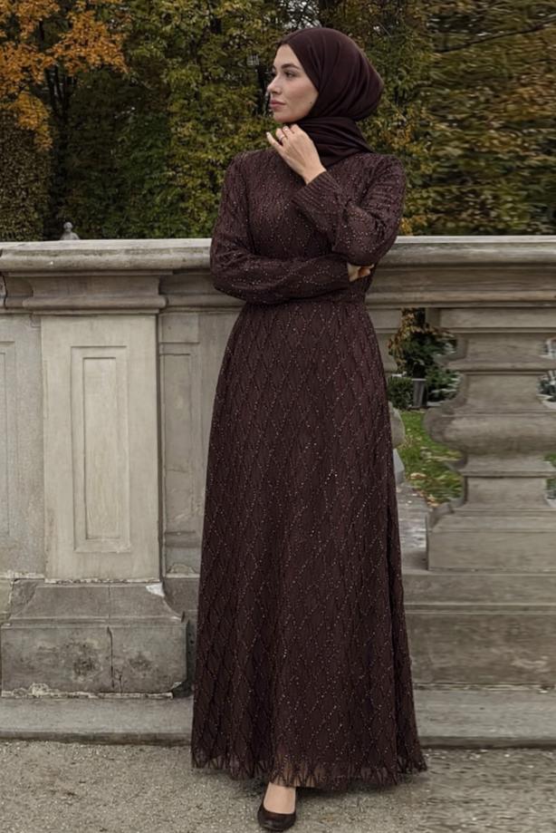 Vêtements hijab BRUN ROBE DE SOIRÉE CEINTURÉE T 1463 - TRENDTESETTÜR
