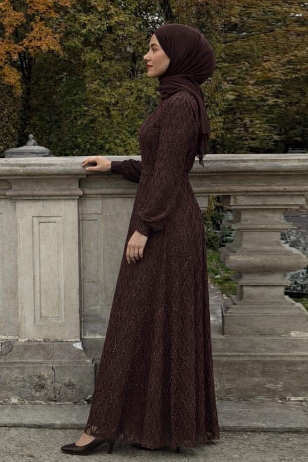 Vêtements hijab BRUN ROBE DE SOIRÉE CEINTURÉE T 1463 - TRENDTESETTÜR