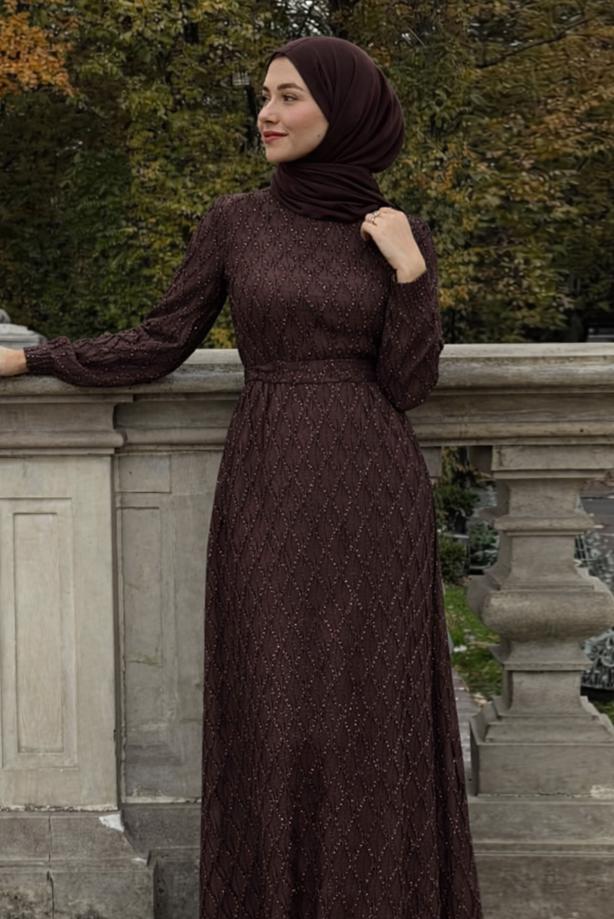 Vêtements hijab BRUN ROBE DE SOIRÉE CEINTURÉE T 1463 - TRENDTESETTÜR