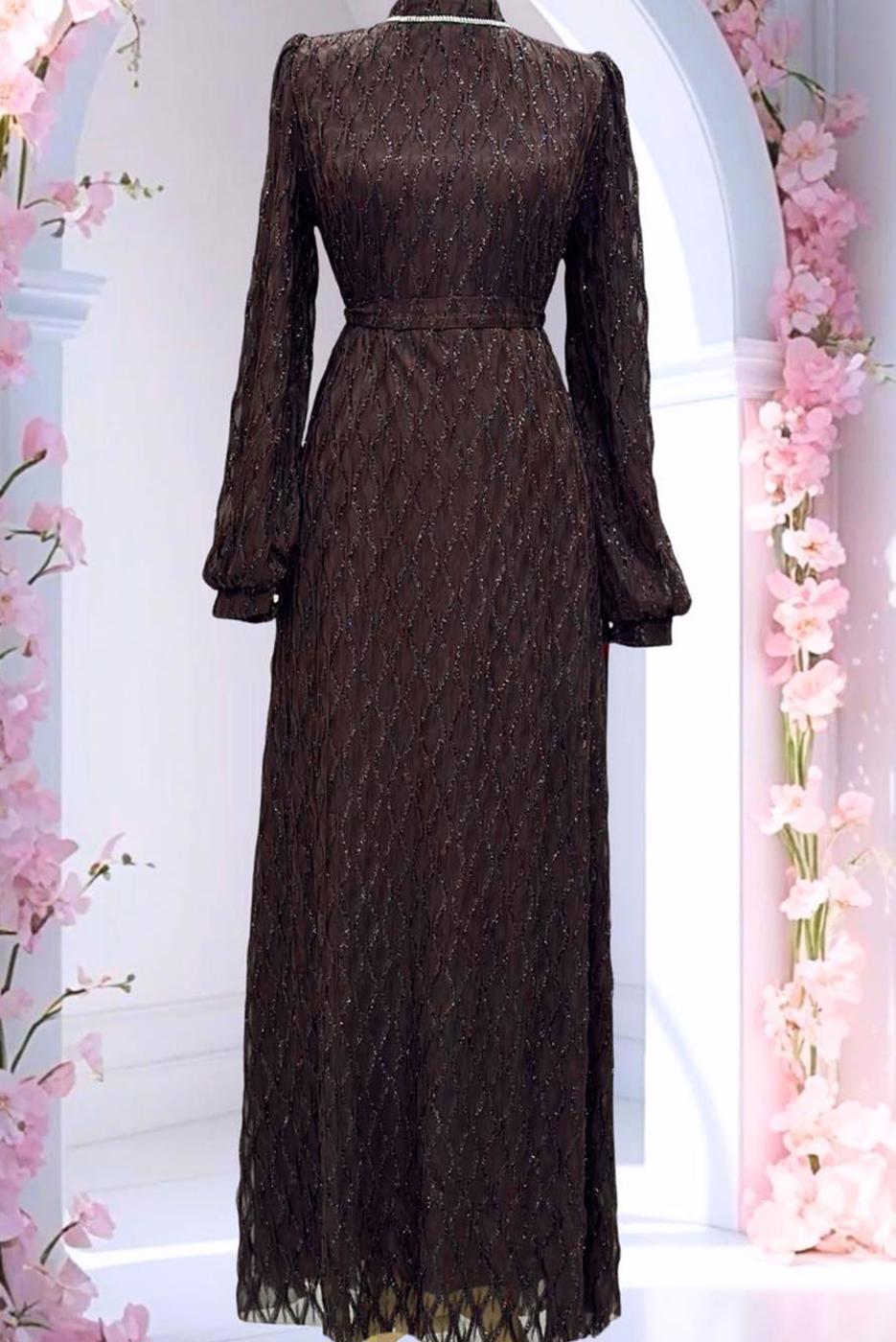 Vêtements hijab BRUN ROBE DE SOIRÉE CEINTURÉE T 1463