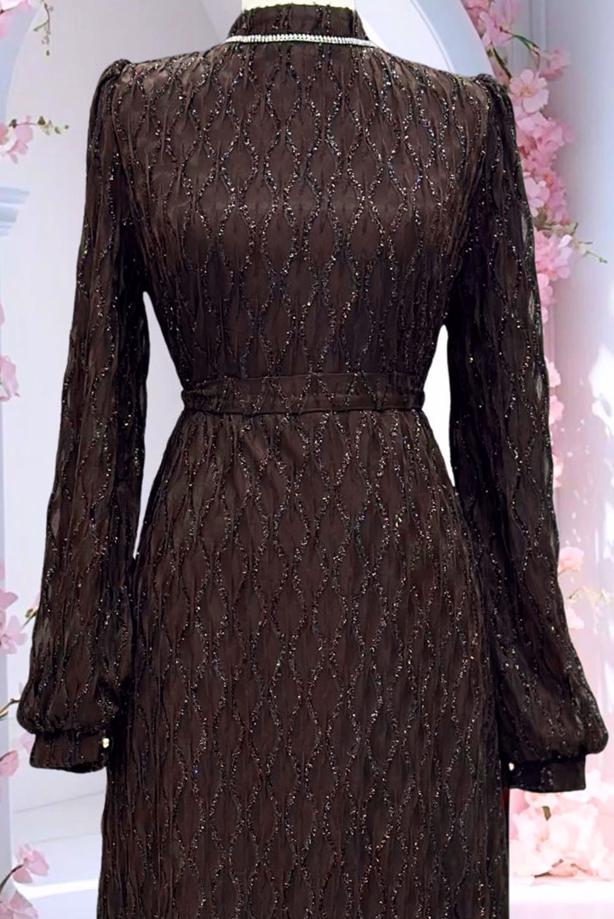 Vêtements hijab BRUN ROBE DE SOIRÉE CEINTURÉE T 1463 - TRENDTESETTÜR